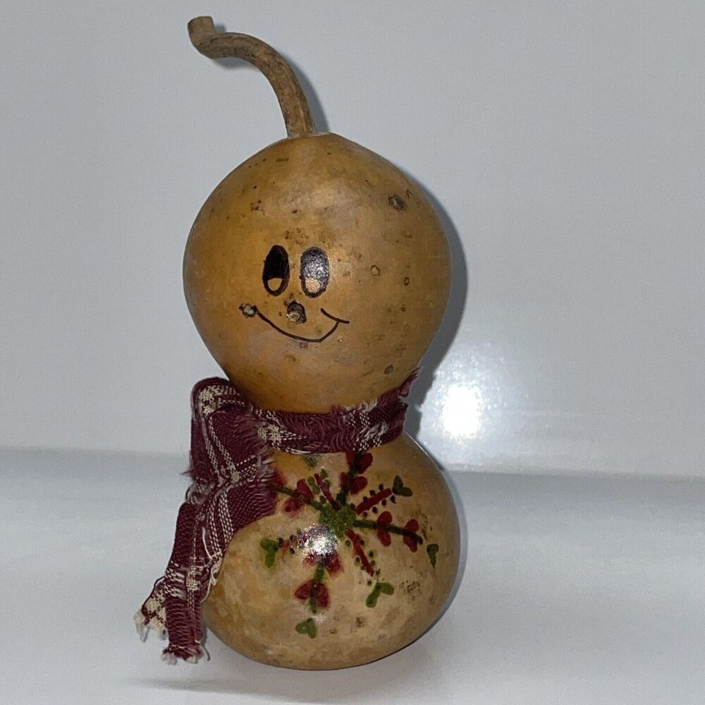 Hand Painted Gourd‎ Snowman Christmas Holiday Figurine w/ Scarf Hand Crafted